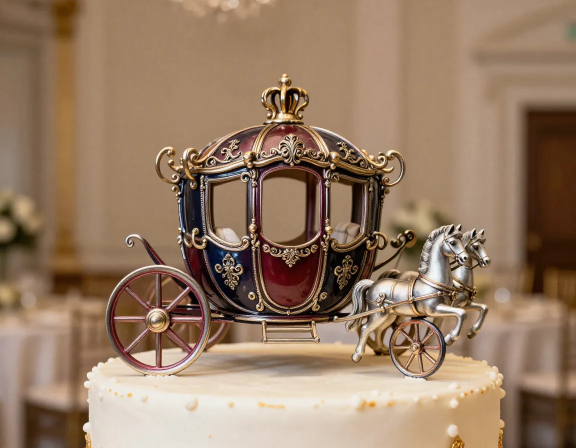 Ornate horse drawn carriage cake topper metallic fine details