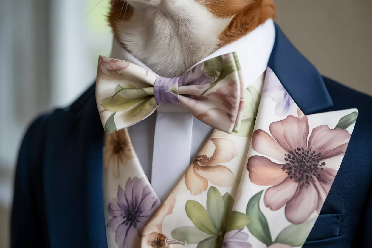 Dog formal wear with micro floral bow tie close up detail