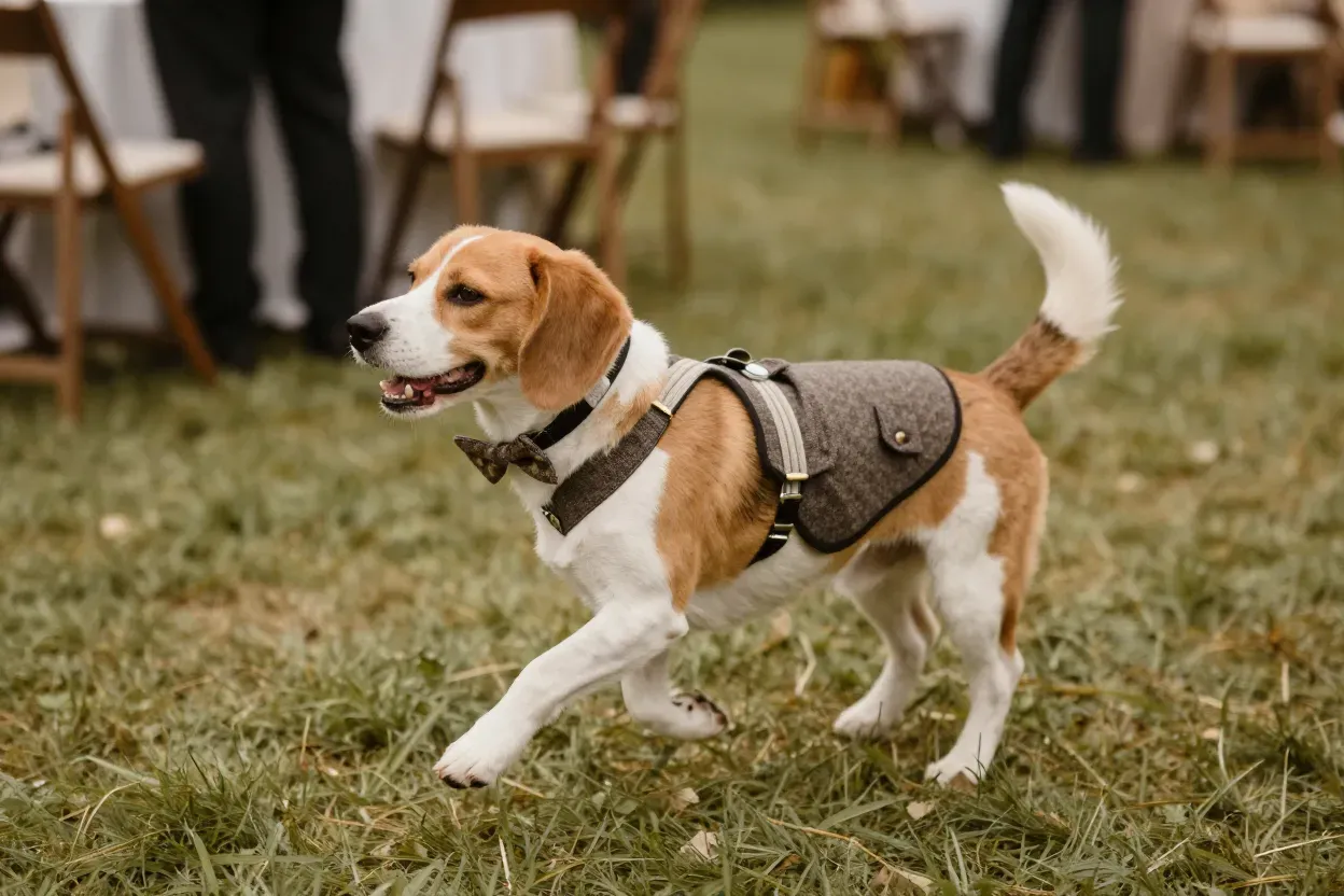 Dog wearing suspenders and bow tie playing outdoors
