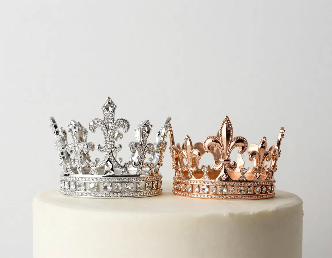 Pair of metallic crown cake toppers crystal gems symmetrical