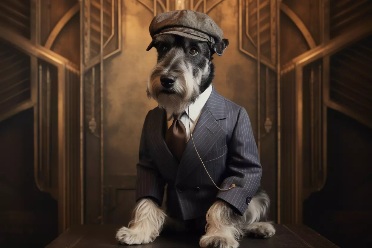 Dog in 1920s gatsby themed pinstripe suit and cap