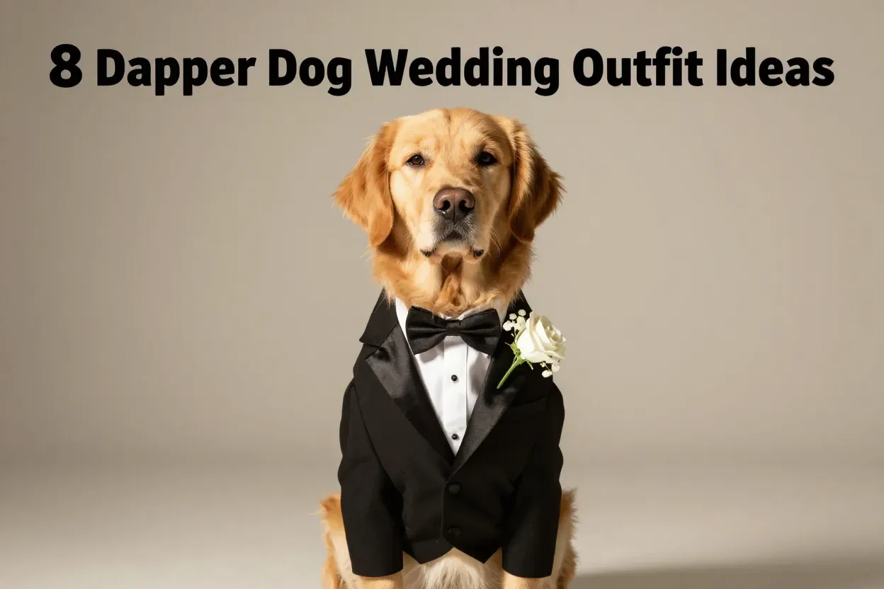 Handsome golden retriever wearing black tuxedo bow tie wedding