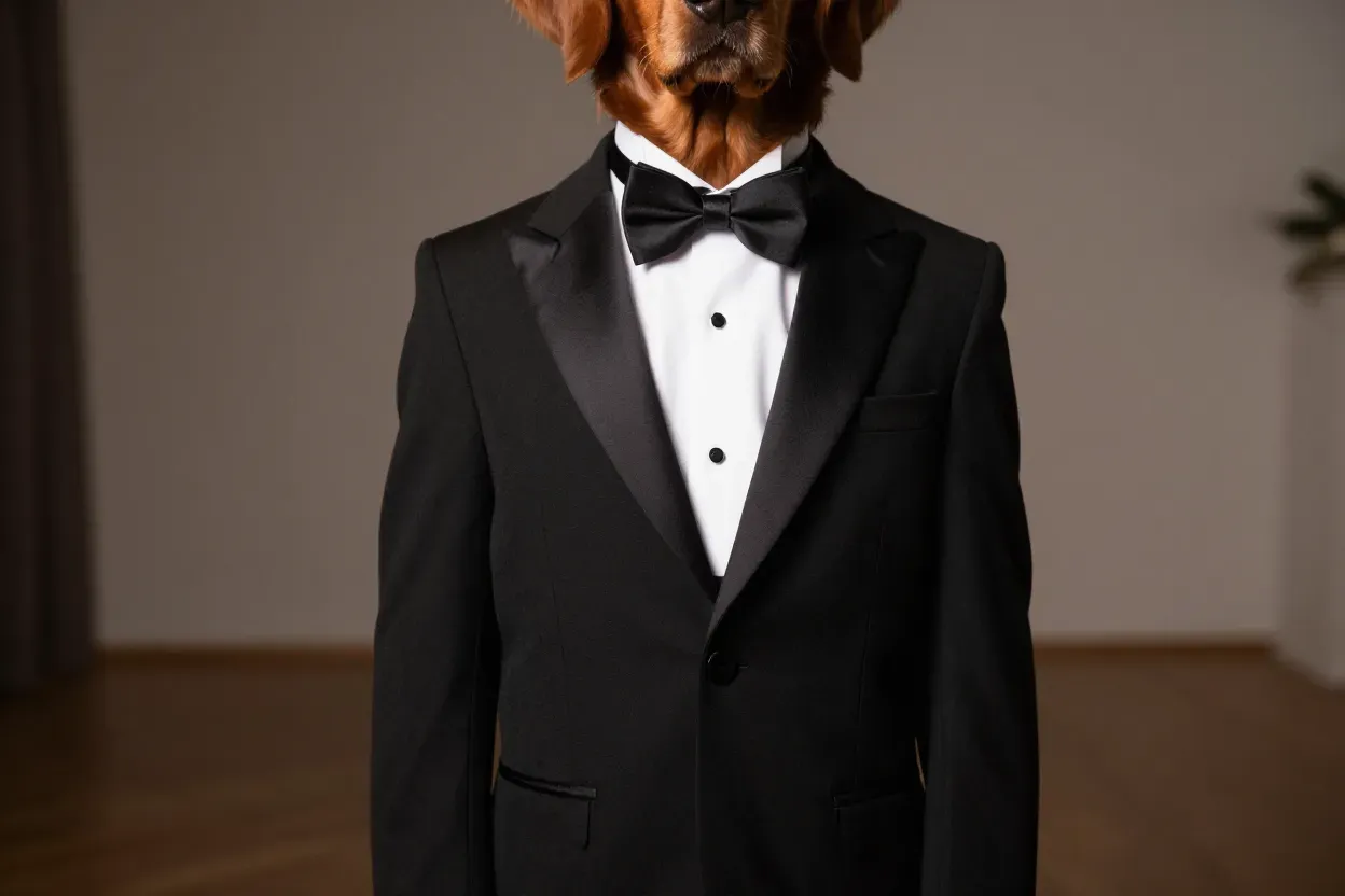 The classic black tuxedo with bow tie on a distinguished male dog