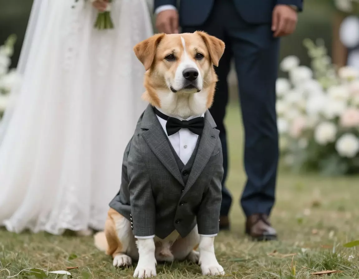 Elegant three piece suit on a dog in a garden wedding setting