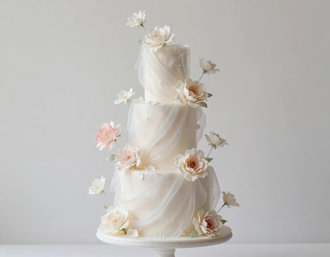 Gossamer fondant cake with floating sugar flower drapes