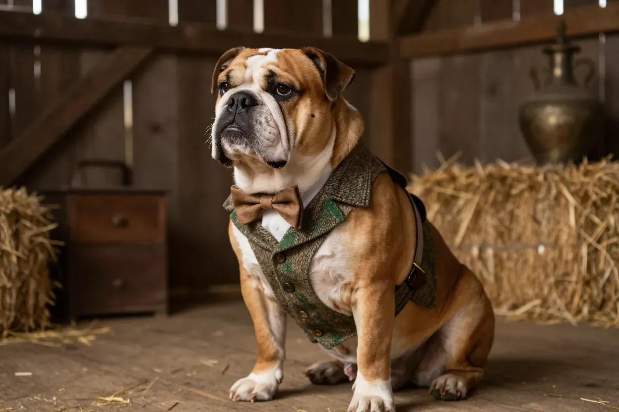 Vintage inspired suspenders and tweed on dog at rustic barn wedding