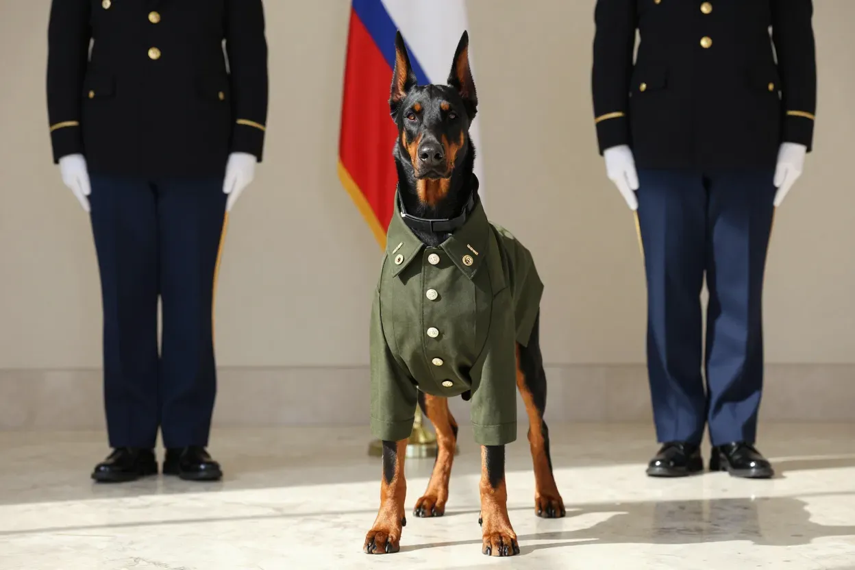 Male dog in military uniform at attention for patriotic wedding