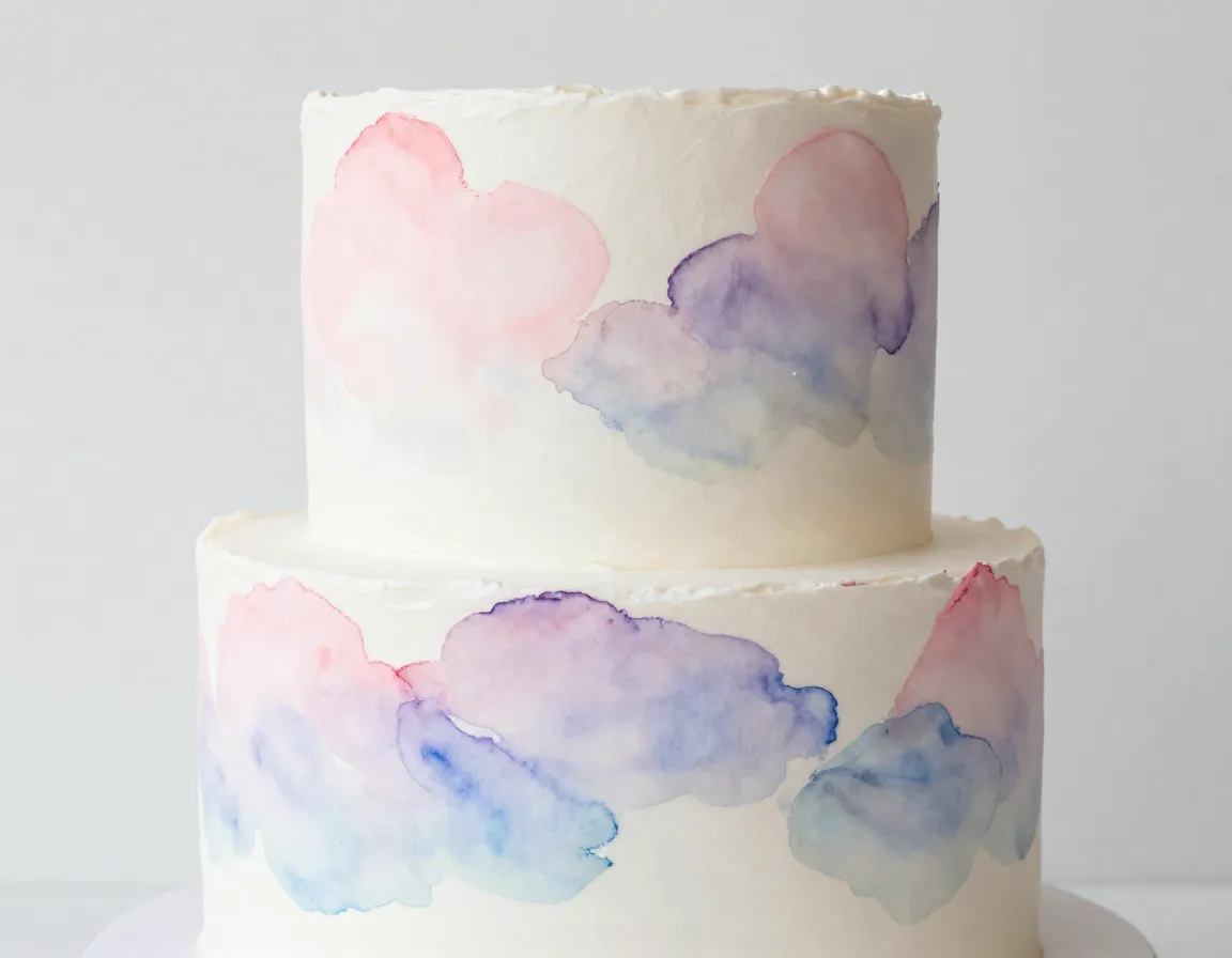 Edible watercolor wash pastel painting on white fondant cake