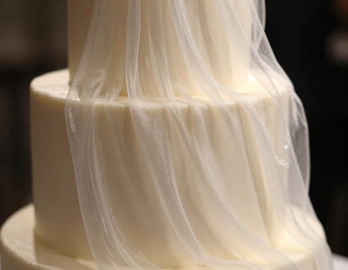 Hand pulled sugar veil draped over tiered wedding cake