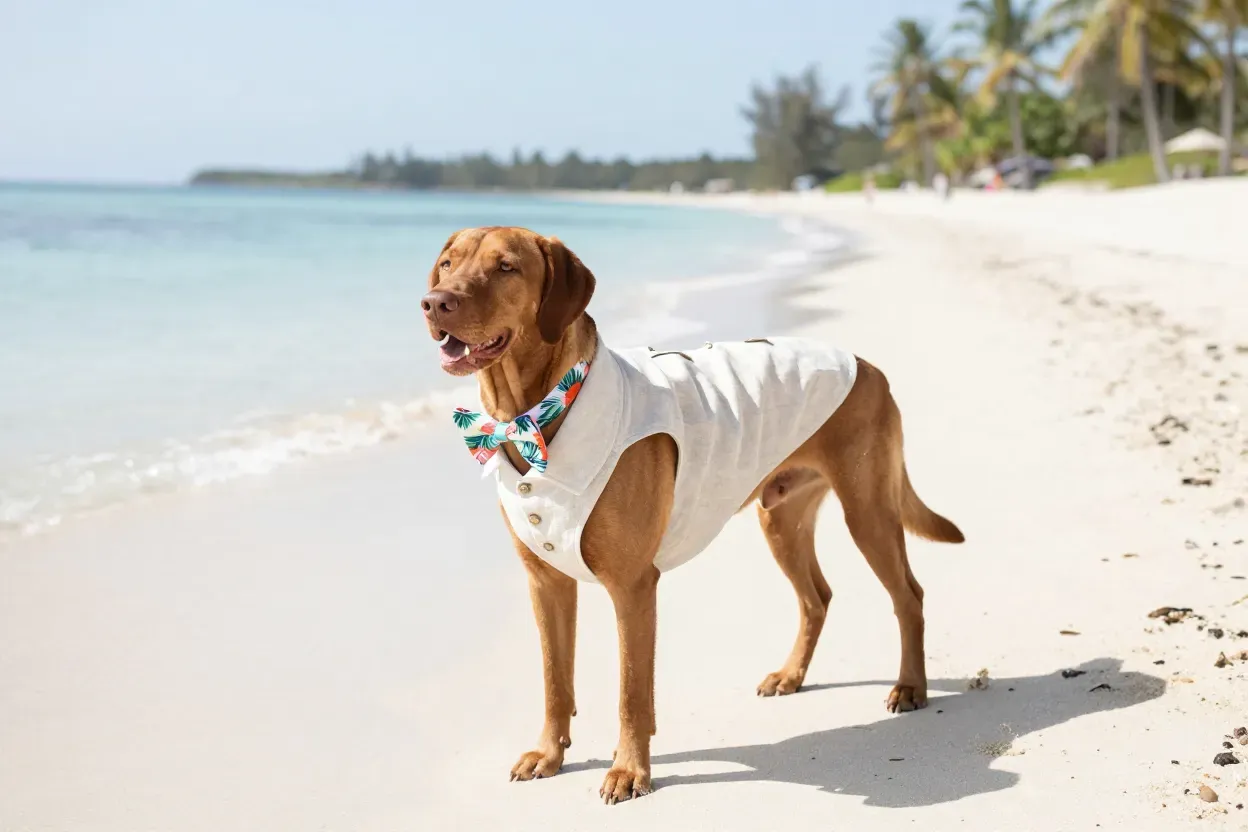 Male dog in linen and tropical bow tie on sunny beach