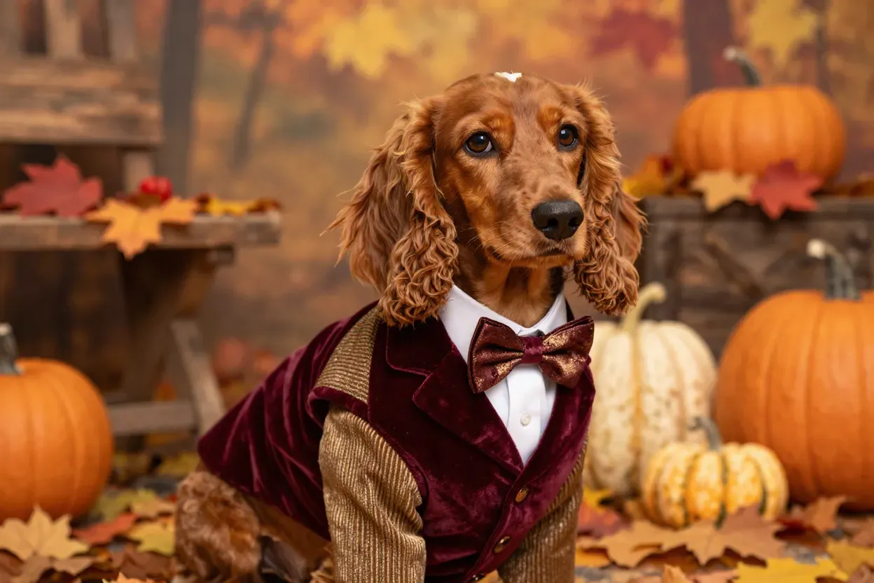 Dog in velvet and tweed fall outfit among autumn leaves