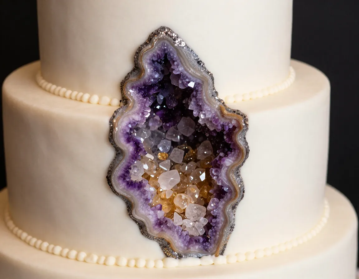 Edible geode crystal section in soft fondant wedding cake