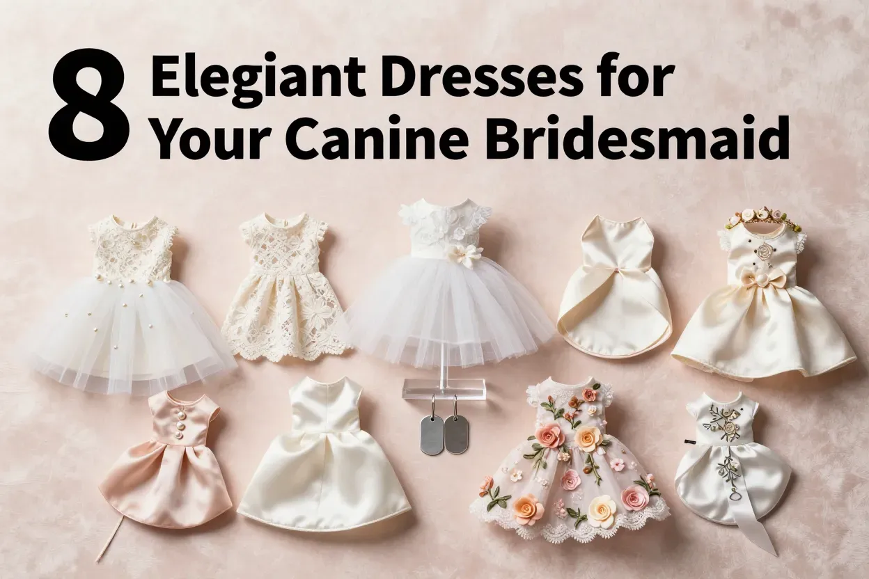 Eight miniature elegant dog wedding dresses flat lay on velvet