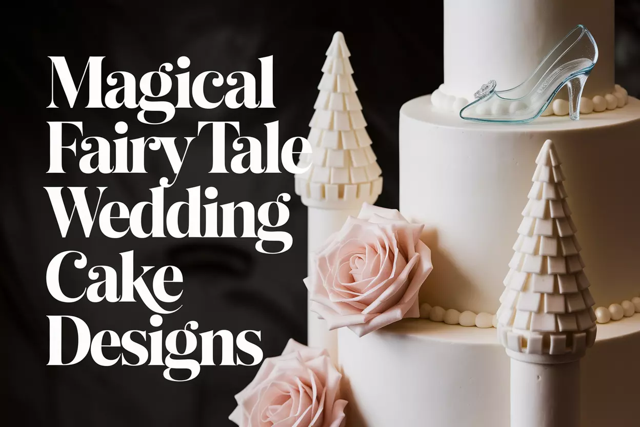 Multi tiered castle wedding cake with glass slipper on marble