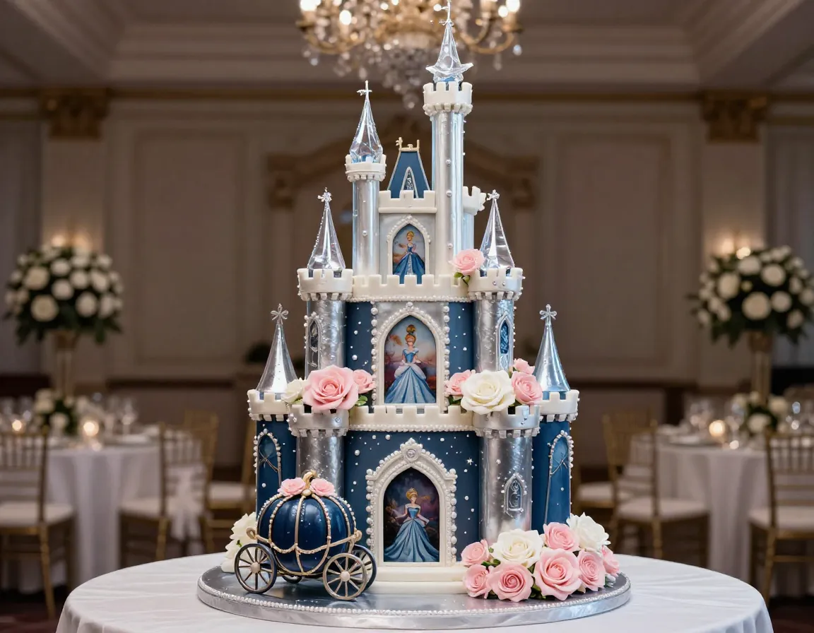 Cinderellas multi tiered castle cake with glass slipper and pumpkin carriage