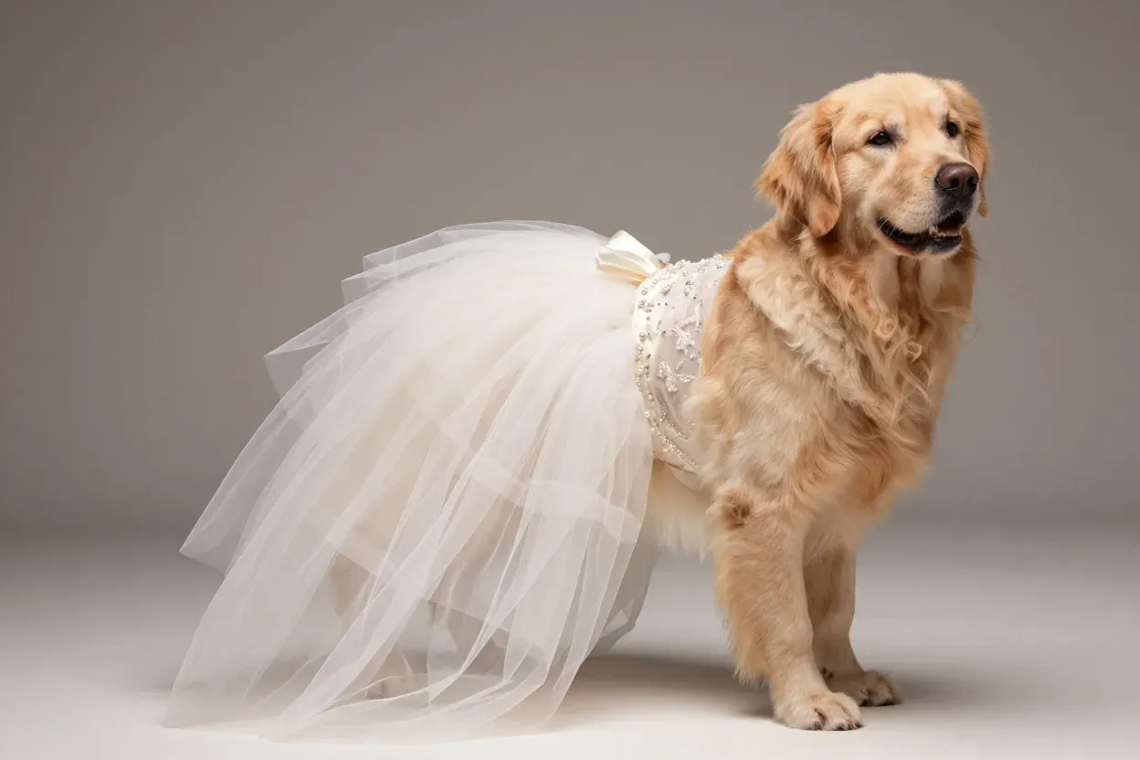 Classic tulle ball gown golden retriever modeling ivory beaded dress