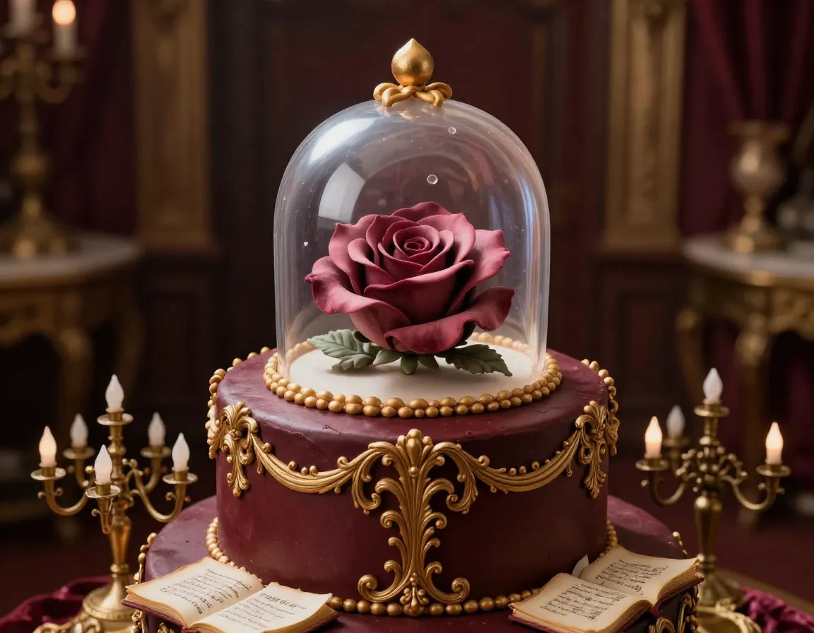 Beauty and the beast cake with spun sugar dome enclosing a realistic rose