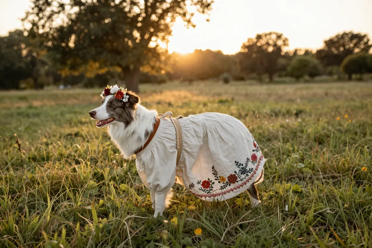 Bohemian chic maxi dress border collie field floral crown