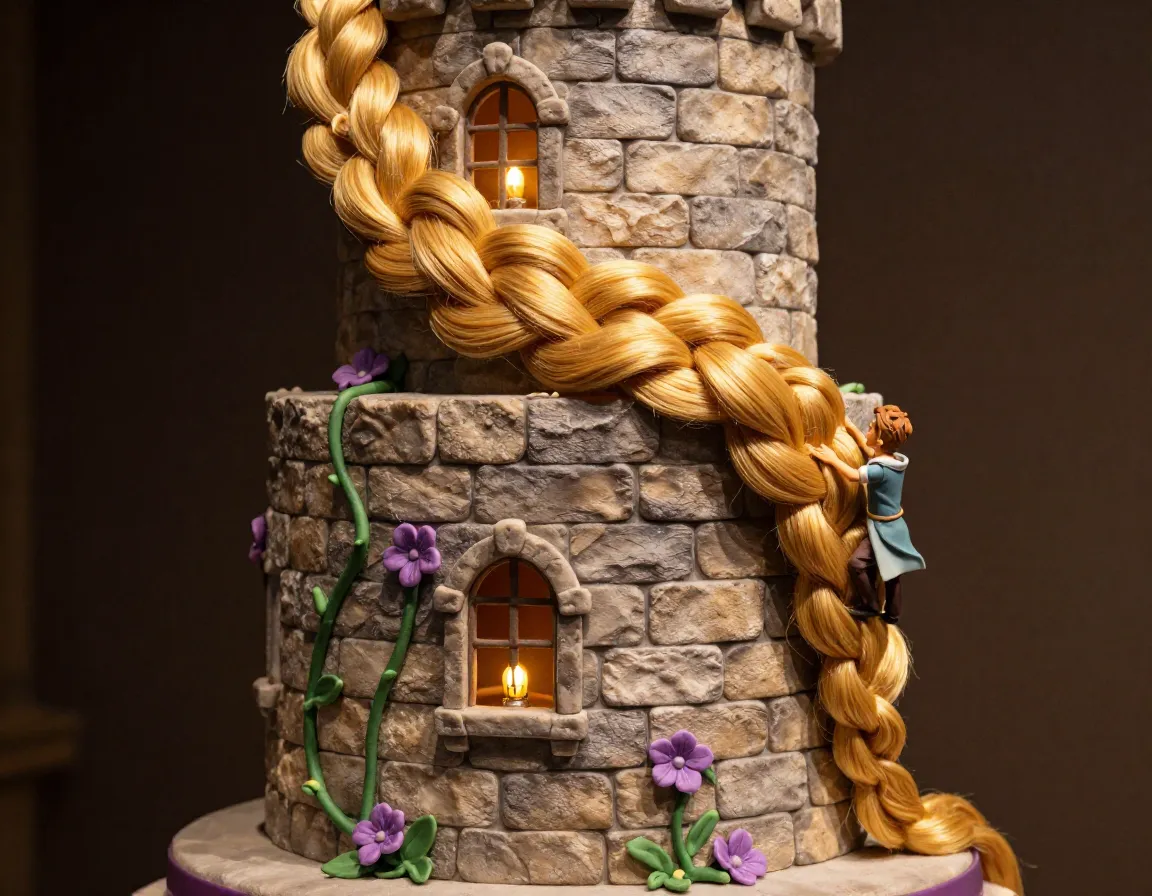 Rapunzels stone tower with long flowing fondant hair braid