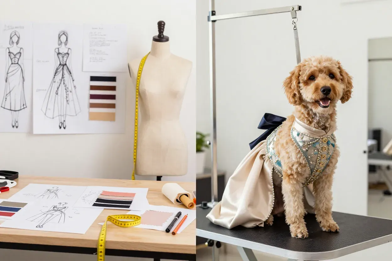 Couture dog dress design process fitting session