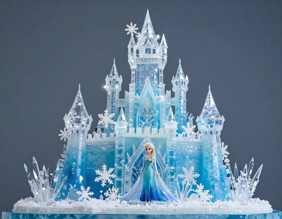 Frozen ice castle cake with sugar crystals and elsa figurine