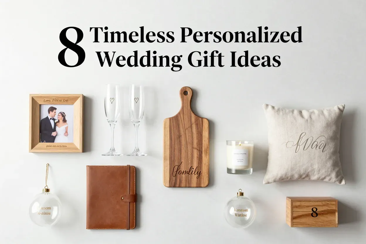 Curated flat lay of eight elegant personalized wedding keepsake favors