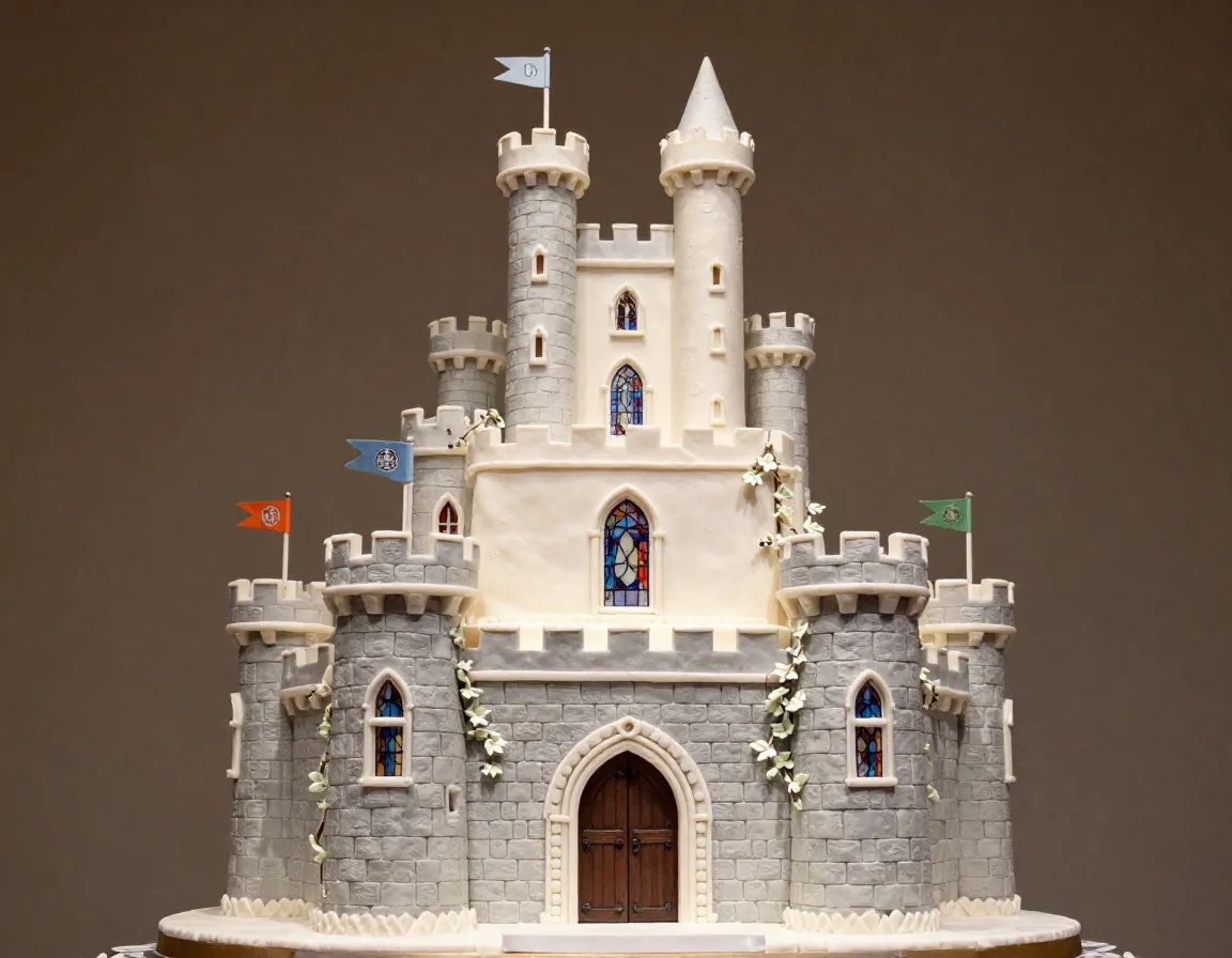 Majestic multi tiered castle wedding cake with turrets and stained glass windows