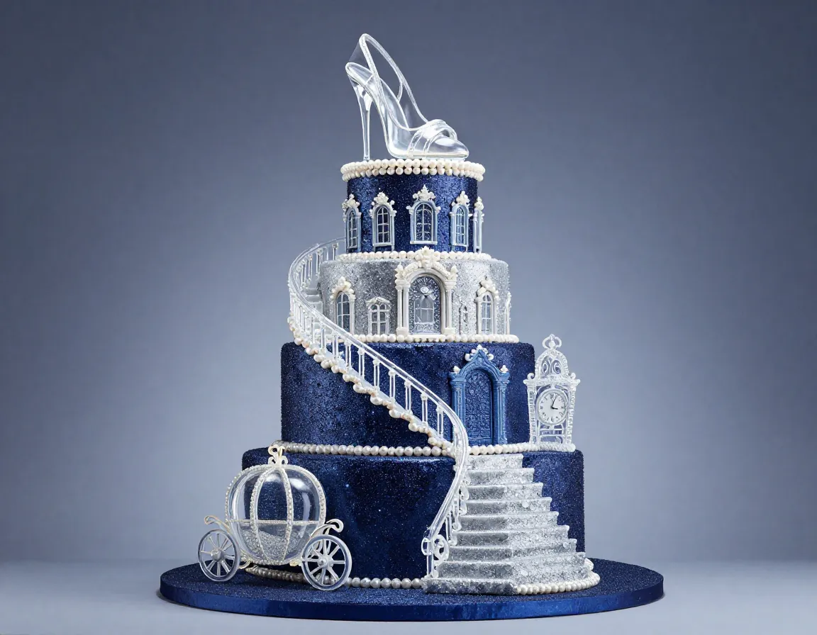 Cinderella palace ballroom cake with staircase and glass slipper