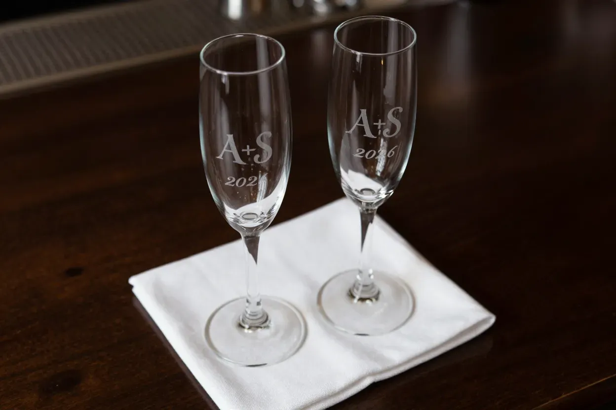 Engraved crystal champagne flutes with monogram and date