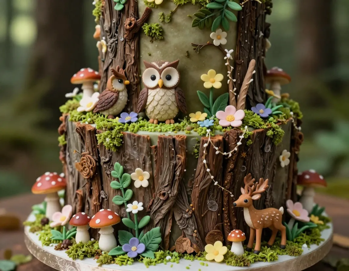 Enchanted forest wedding cake with tree trunk and woodland creatures