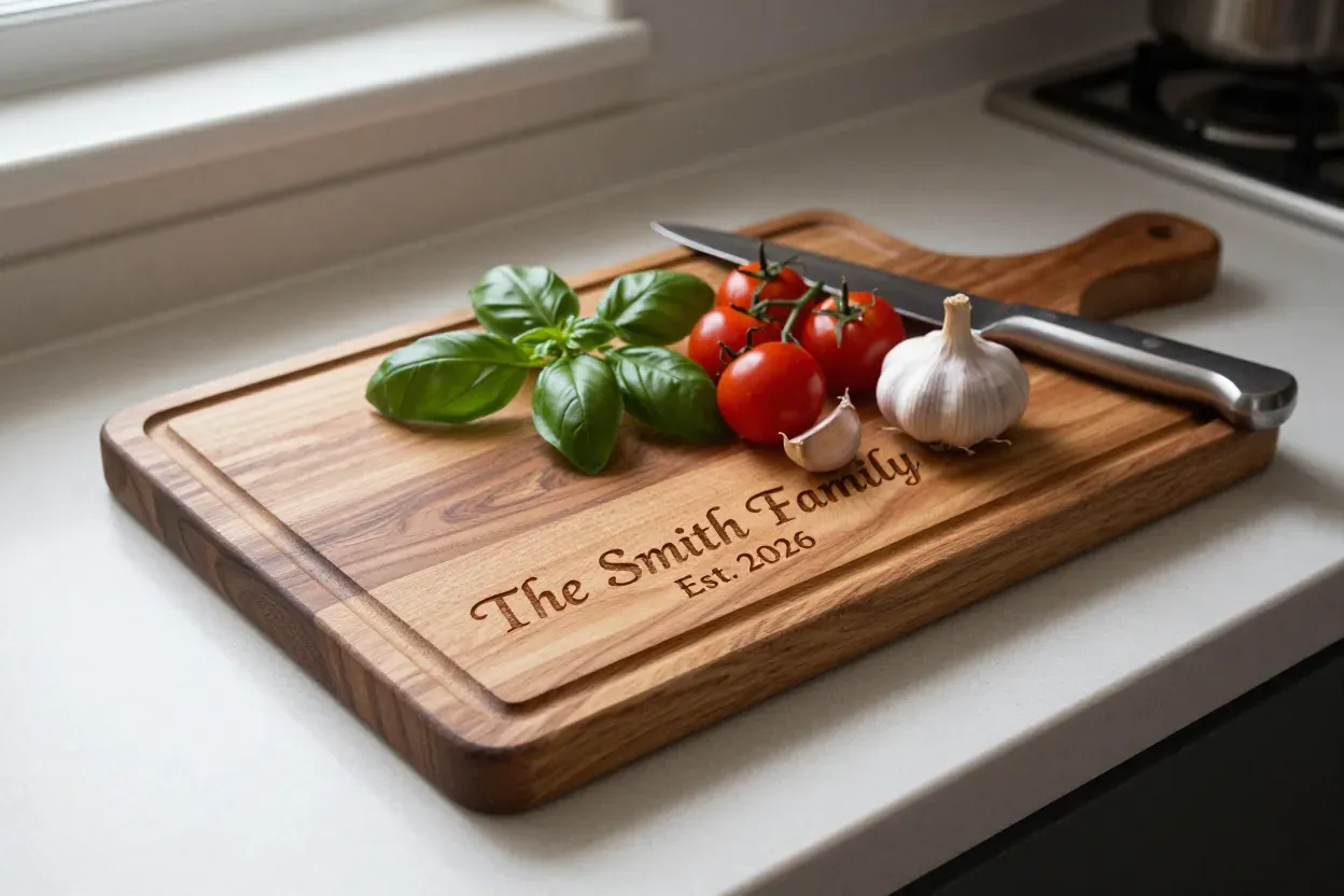 Personalized acacia cutting board with family name and year