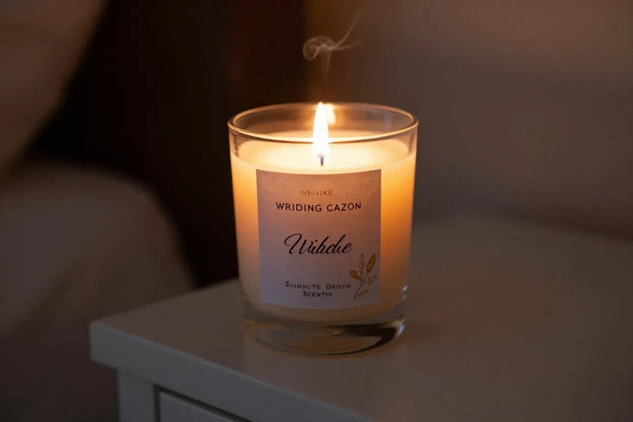 Lit personalized wedding soy candle with custom label