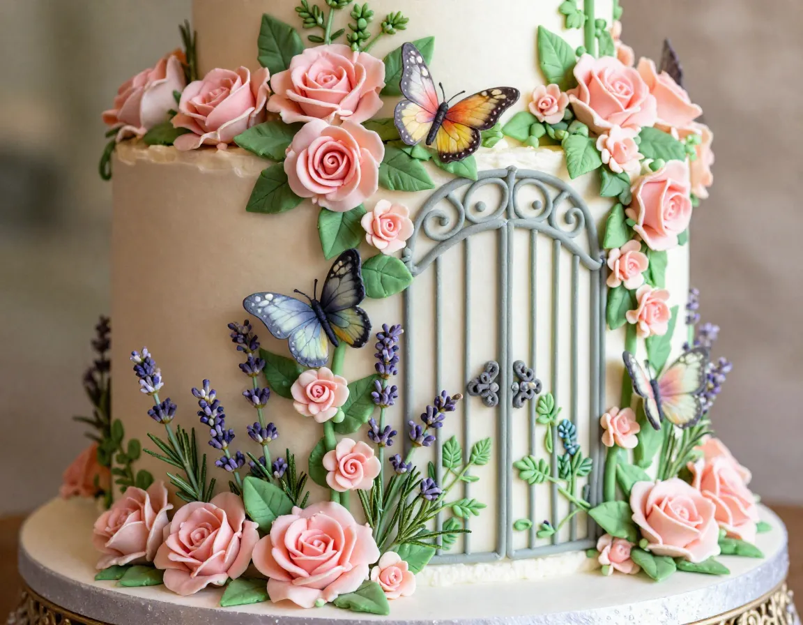 Secret garden wedding cake with cascading roses and butterflies