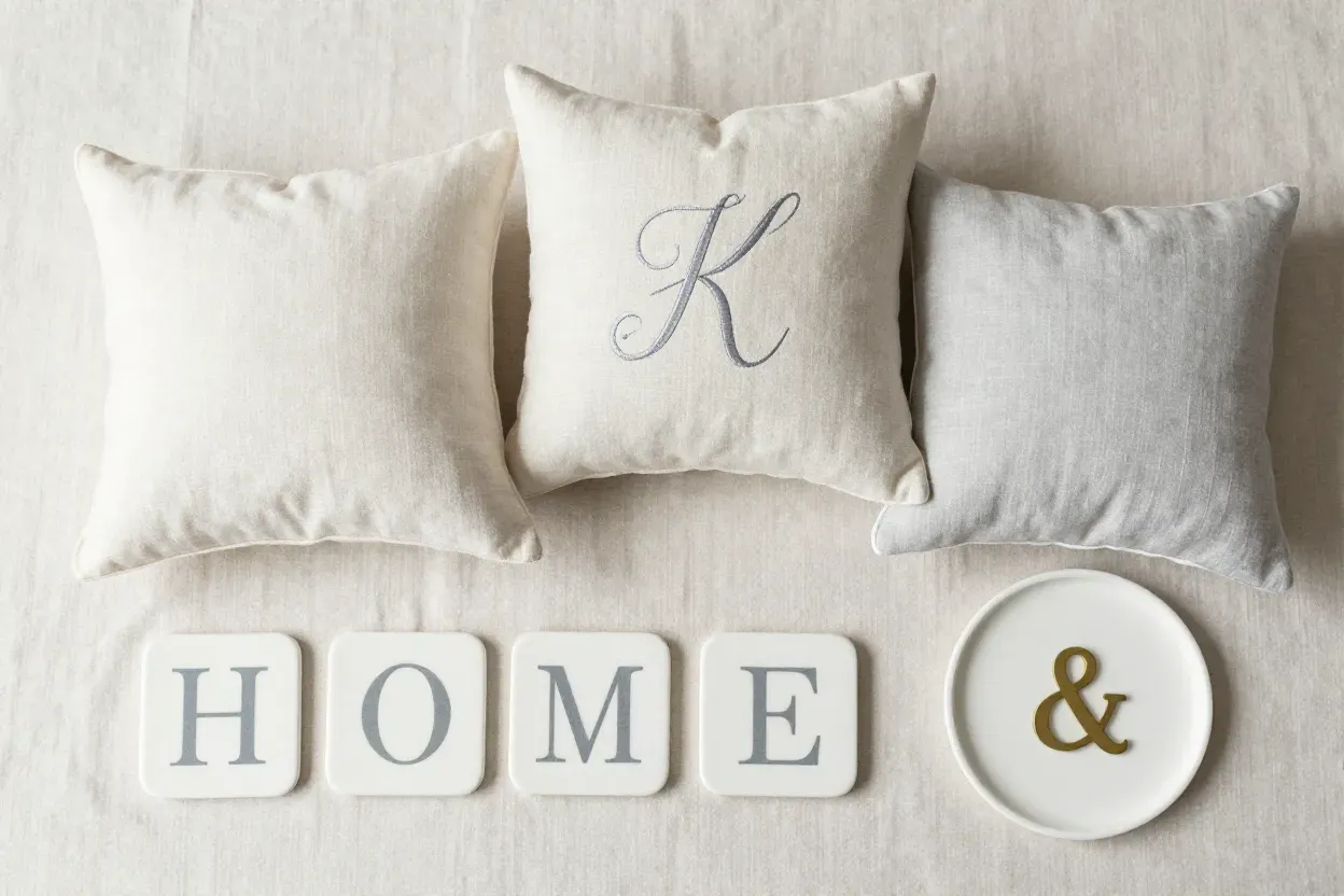 Coordinated monogrammed pillow coasters and decorative tray flatlay