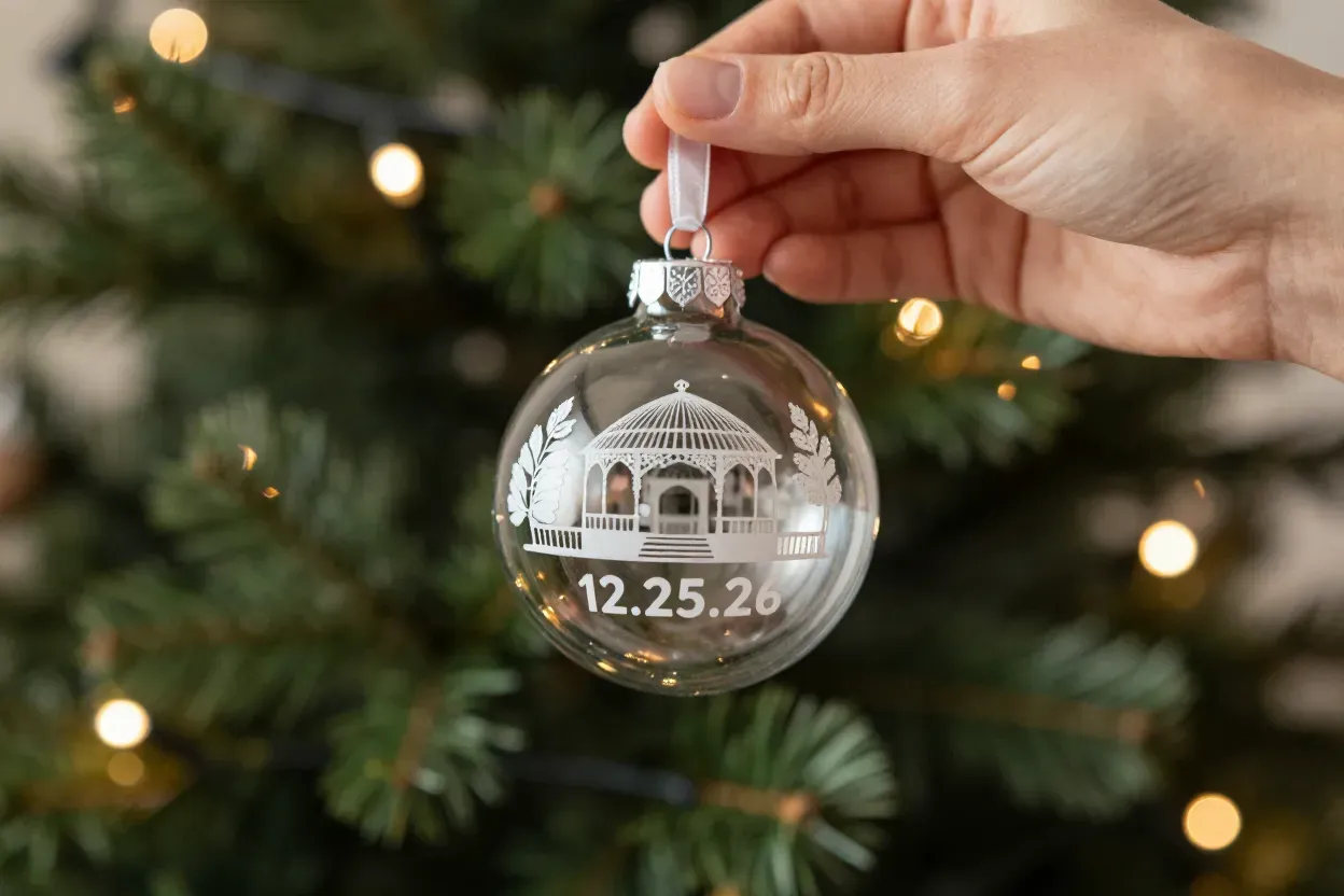 Etched glass christmas ornament with wedding venue illustration