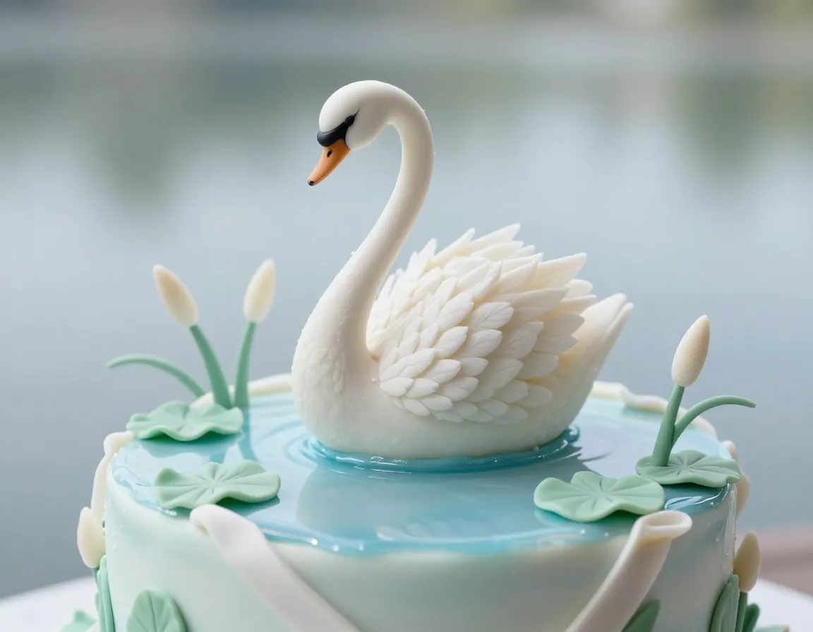 Swan lake romance wedding cake with sugar swan and lake base