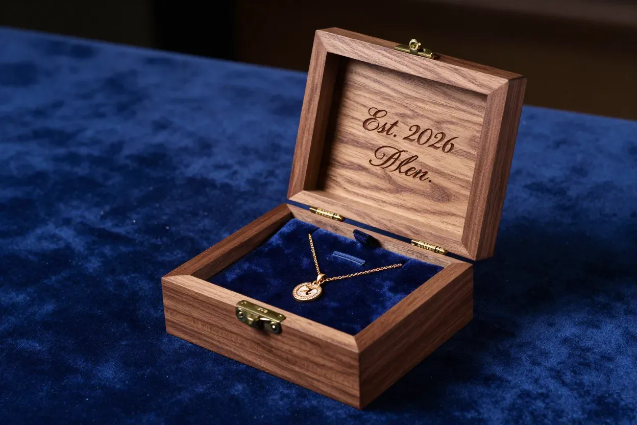 Open engraved walnut keepsake box with jewelry on velvet
