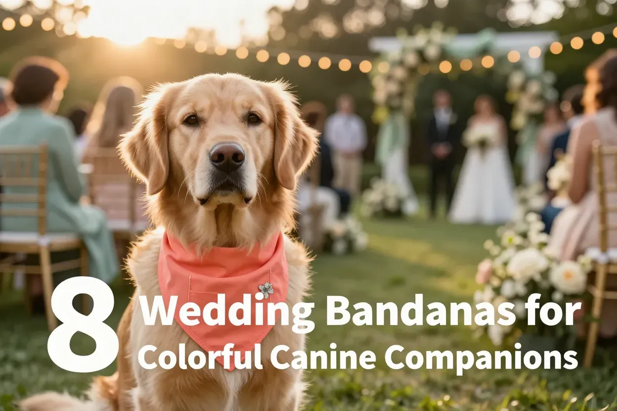 Golden retriever wearing coral bandana at garden wedding ceremony