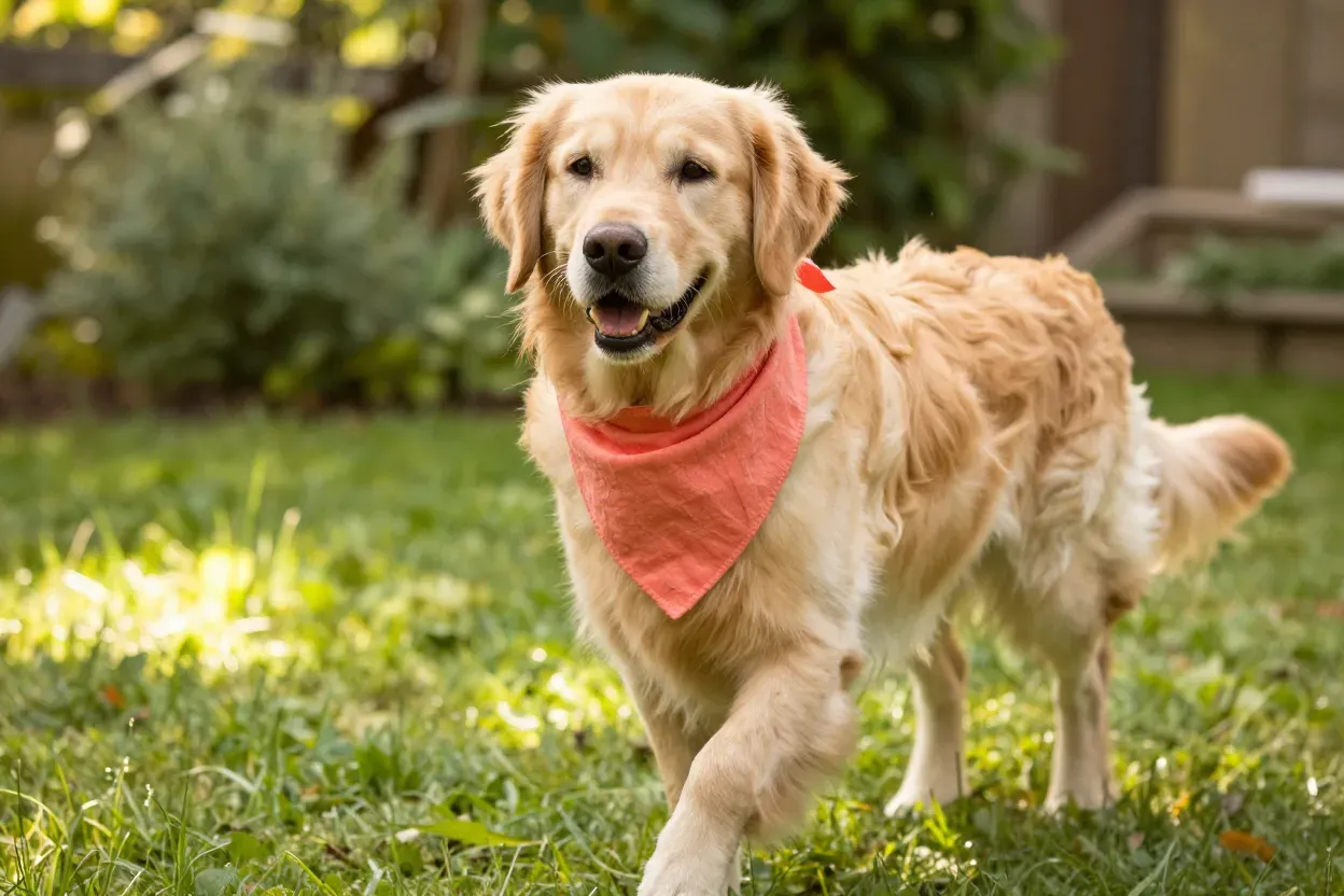 Coral bandana golden retriever summer garden wedding trotting smiling