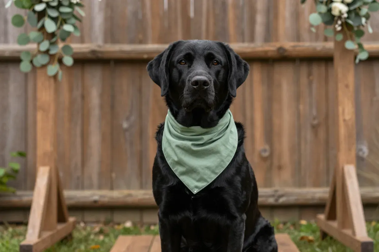 Sage green bandana black lab rustic wooden wedding arch backdrop