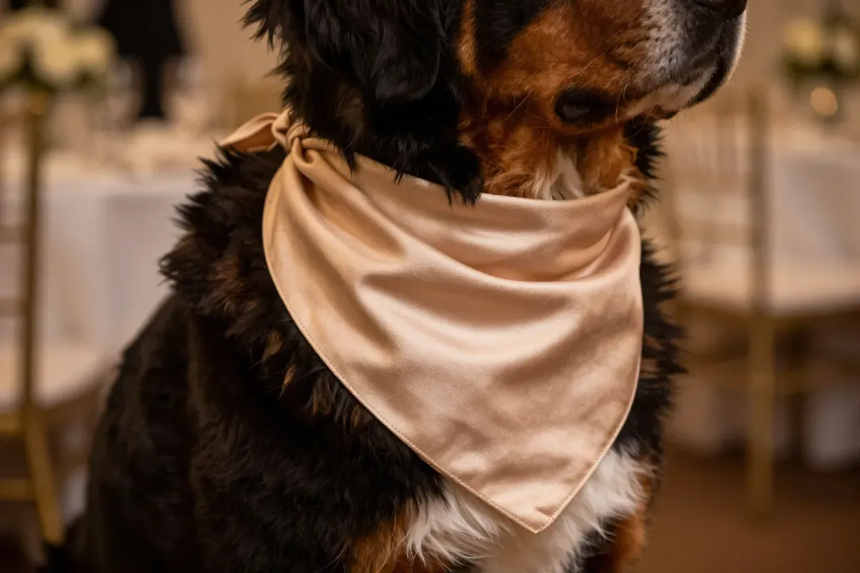 Champagne silk bandana dark bernese mountain dog warm indoor lighting