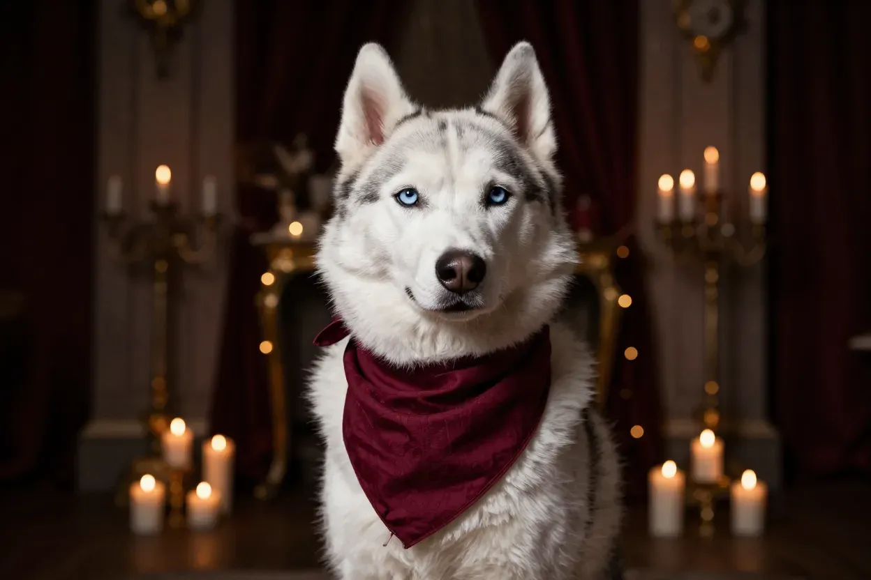 Burgundy bandana white husky candlelit indoor wedding venue evening