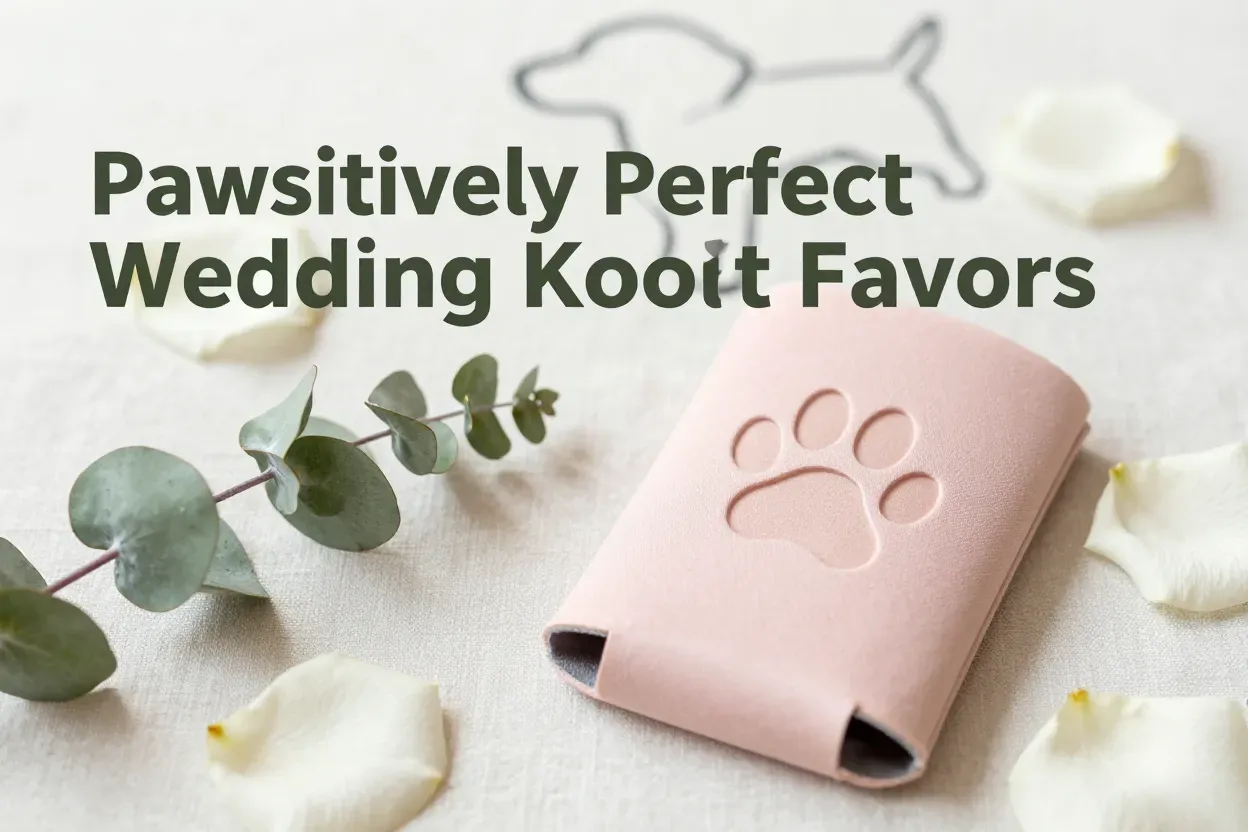Elegant wedding koozie with dog paw print and flowers on linen