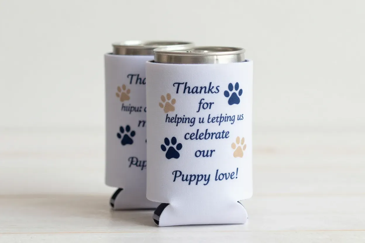Personalized paw print wedding koozies with names date on neoprene