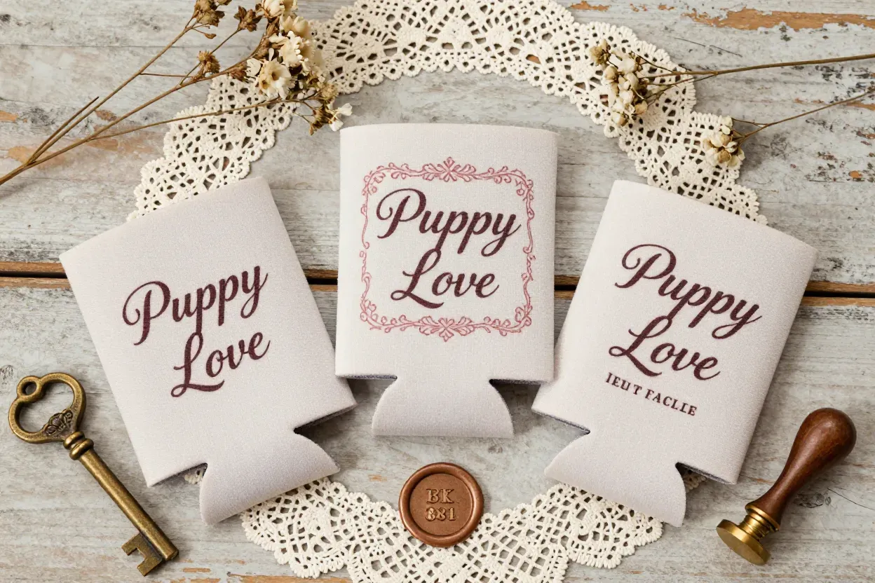 Vintage script puppy love wedding koozie on wood table flatlay
