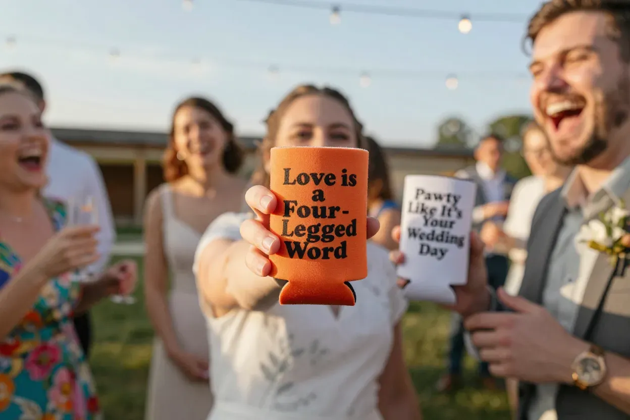 Person laughing holding funny dog phrase wedding koozie at party