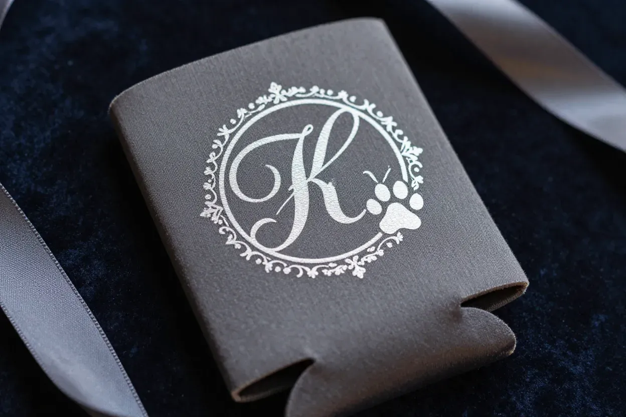 Elegant monogram with delicate paw print accent wedding koozie