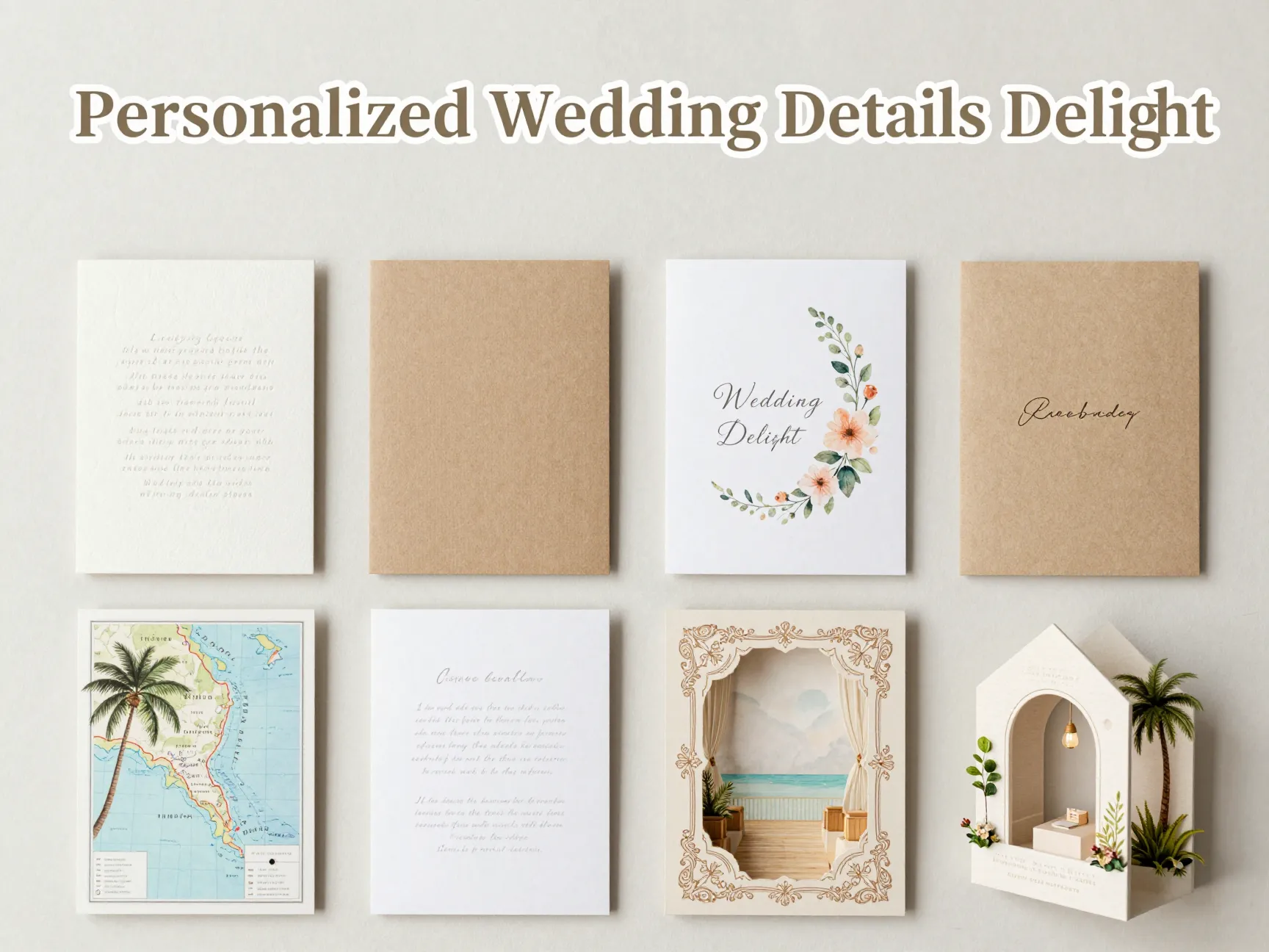 Eight unique wedding detail card designs flat lay stationery