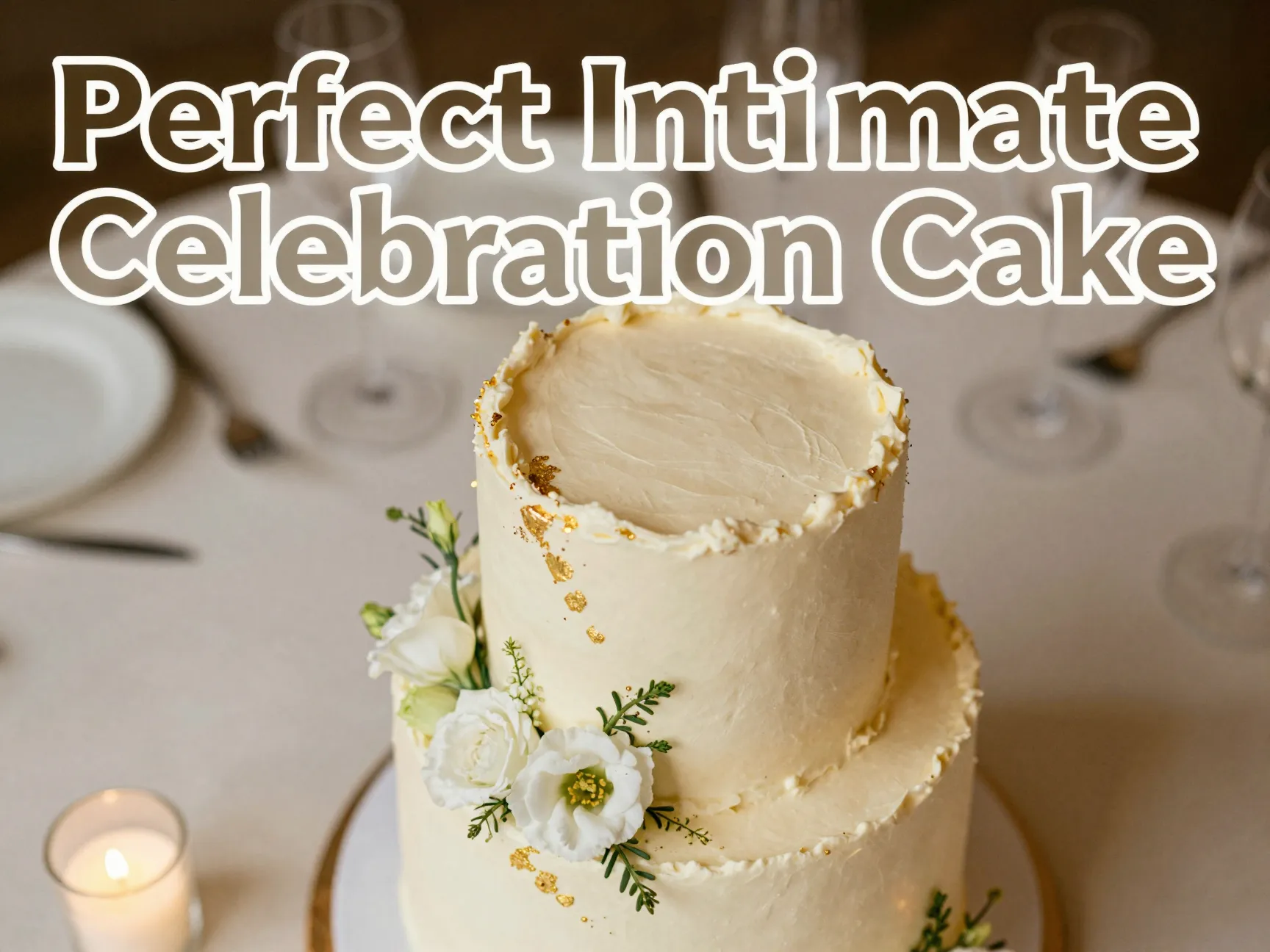 Two tier intimate wedding cake buttercream flowers gold leaf