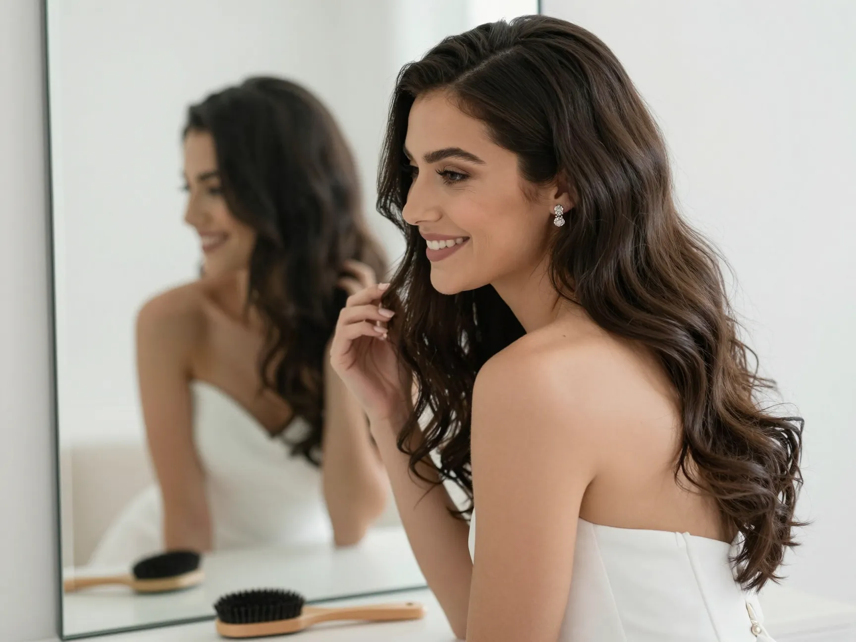 Bride with romantic brushed out waves smiling at mirror